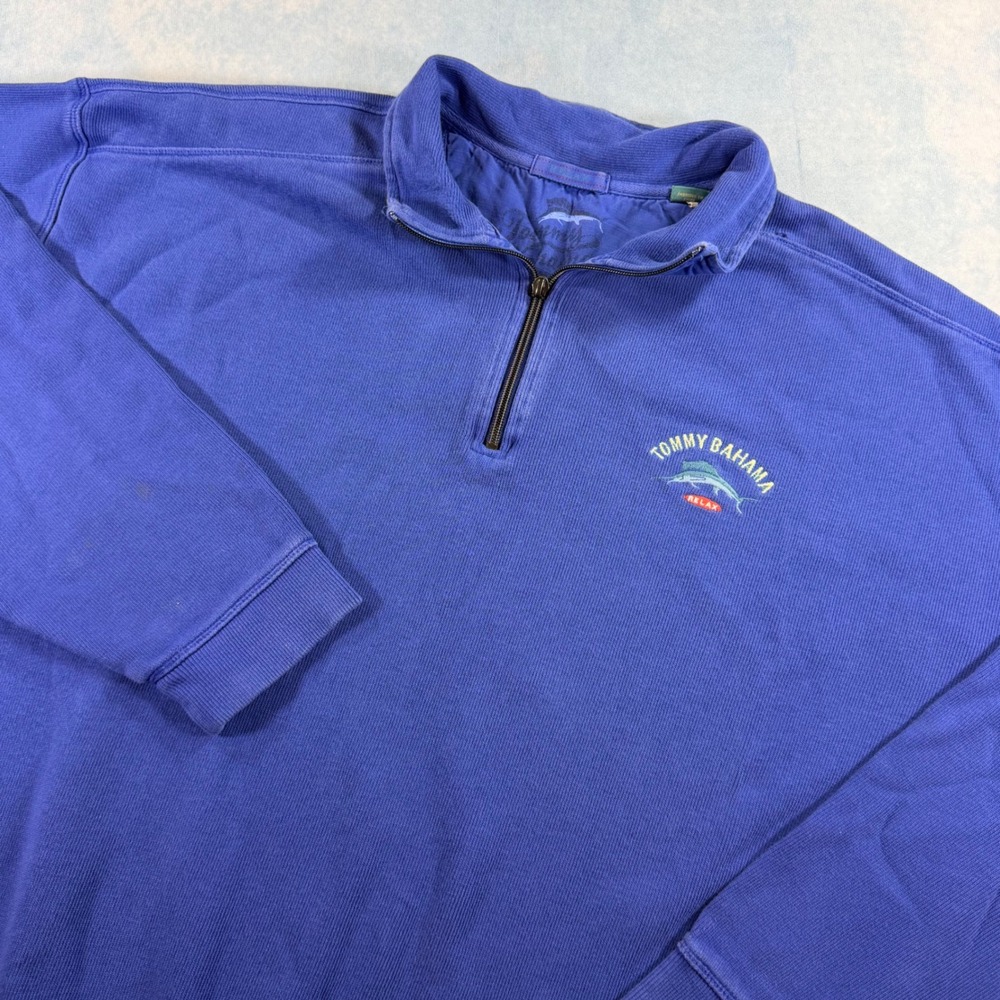 Tommy Bahama Quarter Zip Pullover Mens XL Blue Fair Condition Relax Marlin Logo